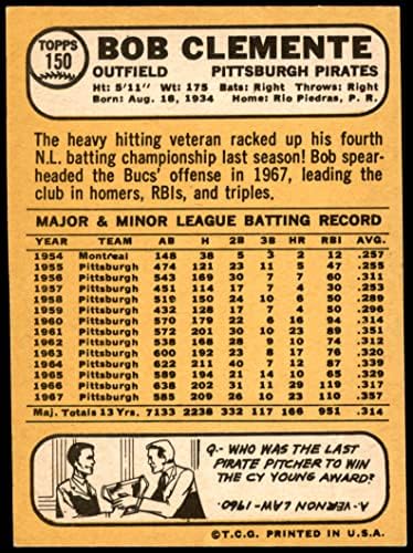 1968 Topps # 150 Роберто Клементе Питсбърг Пайрэтс (Бейзболна картичка) БИВШИ пирати