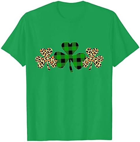 Ризи на Деня на Св. Патрик за Жени, Изпъстрен Леопардовые Ризи с Трилистником, Тениски с Кръгло Деколте и Къс Ръкав, Потници