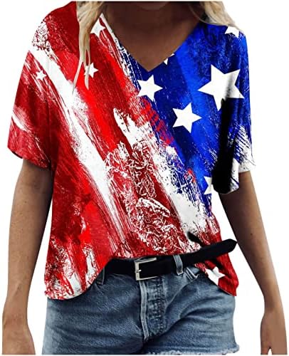 Западните Ризи за Жени, Върхове с Принтом Американския Флаг, Тениска с V-образно деколте и Къс Ръкав, Блузи Ден на Независимостта на 4 Юли