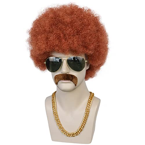 Капачка за коса Anogol + Комплект от 4 теми с перука в стил Афро, Мъжки червено-кафяви перуки {1 Перука + 1 Очила
