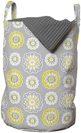 Сиво-жълто чанта за дрехи Ambesonne, Светло Сив Фон, с изображение на цветя, бръшлян, Кошница за дрехи с дръжки, заключващи на шнур, за пране, 13 x 19, Горчично-жълто и бяло