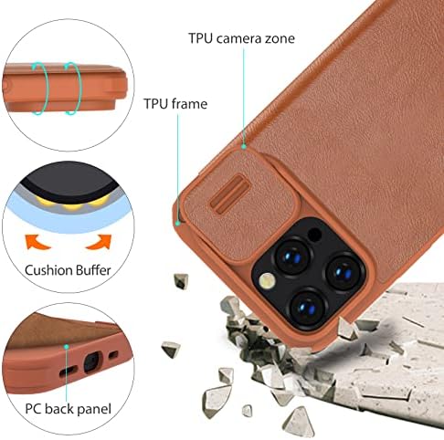 Чанта-портфейл Nillkin за iPhone 14 Pro Max с капак за фотоапарата и държач за карти, Калъф от изкуствена кожа, флип-надолу капачка със защита от прибиращ камера, 6,7 инча, Кафяво