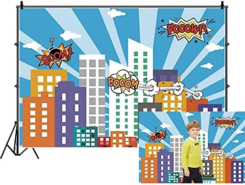 Renaiss 5x3ft Супергерой Градски Тематичен Фон Силуета на Сградата Изглед към Градския Бум силуета на Фонова Картина за Деца Момчета Детски Душ За Рожден Ден Декор Банер