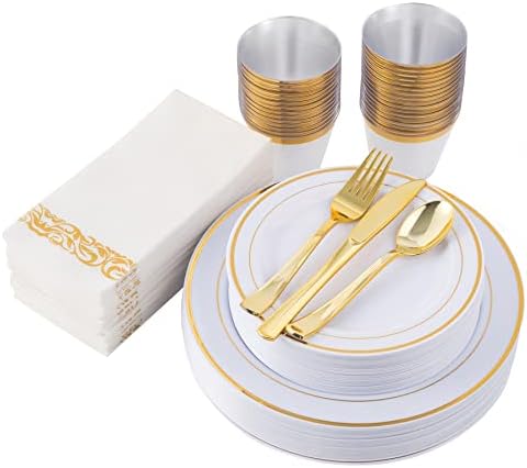 Sywhitta 350 БР. Бели и Златни Пластмасови Чинии със Златни прибори за хранене и Златни Пластмасови Чаши - комплектът