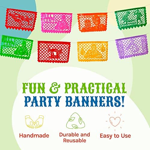 TexMex Fun Stuff - Мексикански банер Papel Picado, Пластмасови банери за парти Lucha Libre, мексикански украса за