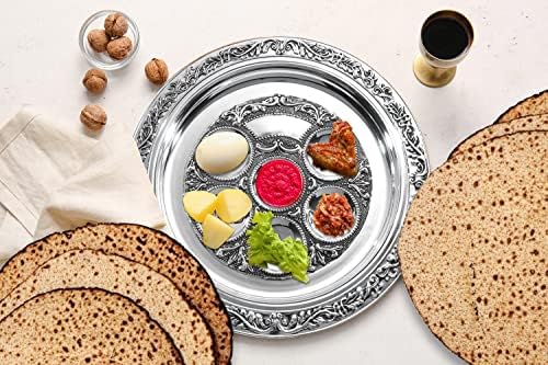 Сребърно покритие чиния за Великден седера Нер Мицва - Традиционната юдейска чиния за Великден Седера - (диаметър