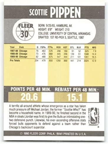 1990-91 Fleur №30 Скоти Pippen Ню Йорк-MT Chicago Bulls Официално Лицензирана баскетболно карта НБА