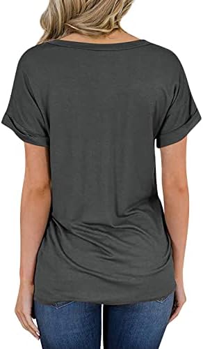 Дамски Летни блузи 2023, Пролетно-Лятна Тениска с V-образно деколте и джобове, с Закатанным ръба, Свободни Блузи