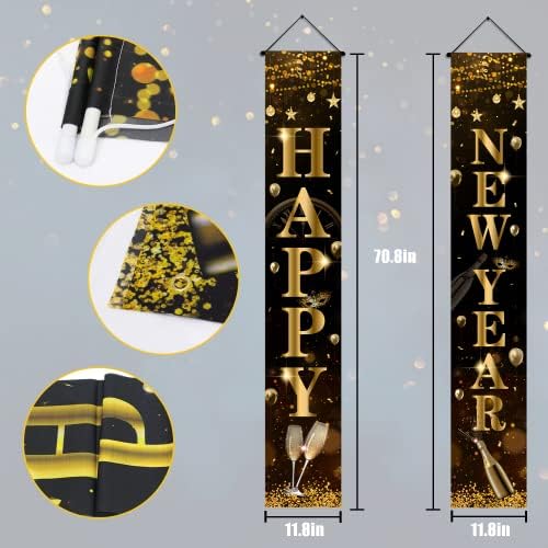 Банер честита Нова година 2023, Коледна знак на чардак, Висящ Банер, черно и златни орнаменти честита Нова година