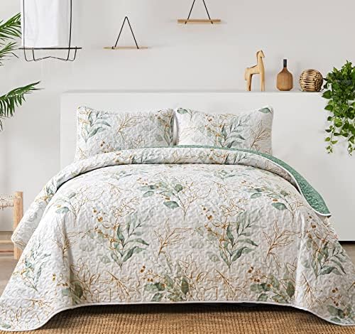 Цвете Стеганое одеяло Queen Size, Зелено Ботаническото Стеганое одеяло Queen 3 Бр., Обръща Меко покривало за легло