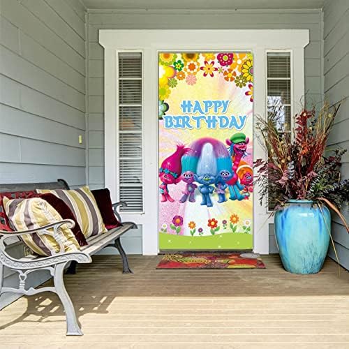 Троловете Мак Тема Детска честит Рожден Ден на Вратата Банер 72,8x35,4 инча Карикатура Пъстри Цветя Цветя Тролове