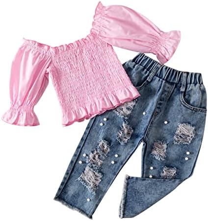 Дънкови облекла за деца с дълъг ръкав от 2 теми, Дънки с отворени Штанами, Тениска с 1 / 6 дупки, Блузи за момичета (Розово, 5-6 години)