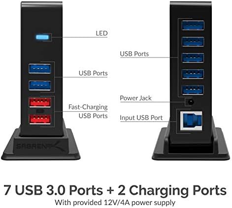 SABRENT 7-портов хъб USB 3.0 + 2 порта за зареждане с адаптер за захранване 12V / 4A [Черен] (HB-U930)