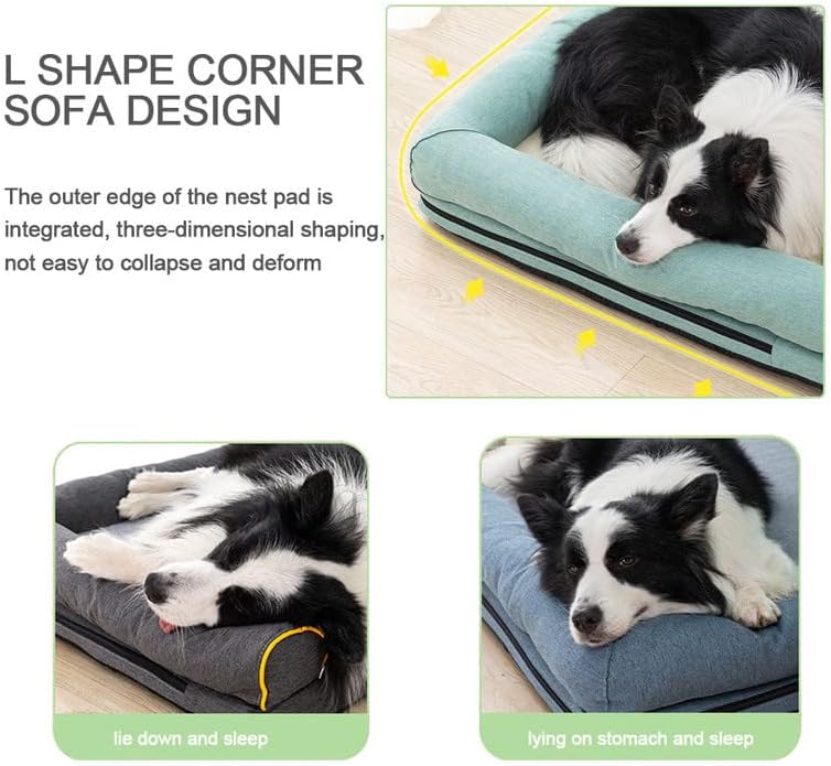 Легло за куче от пресована памук L-образна форма с подвижен миещ се калъф, Удобен Кратък Плюшено канапе за куче,