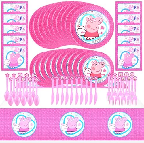 LANXXY Стоки за парти в чест на рождения ден на анимационни свине - 61 бр., 20 чинии, 10 кърпички, 10 Вилици, 10