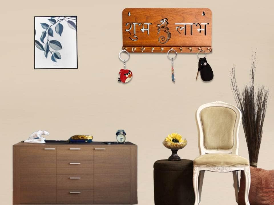 My Dream Carts Shree Ganeshay Namah Дизайнерски Държач за ключове за Стена и аксесоари за дома, Кафява Дървена Поставка