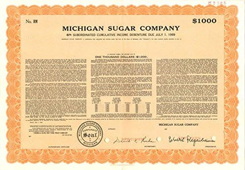 Michigan Sugar Co. Образец на бонд - на разположение няколко номиналов