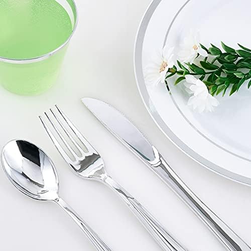Комплект сребърни прибори Vplus от 600 предмети–200 Сребърни пластмасови чинии–Комплект от 300 сребърни пластмасови