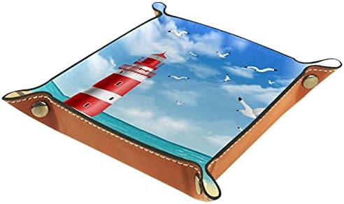 AISSO Lighthouse Beach Морски Чайки Кожена Тава-Органайзер за Портфейл, Часовници, Ключове, Монети, Мобилни Телефони